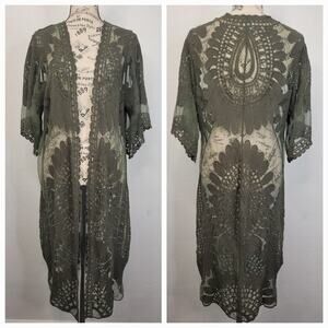 Rebellion Again Kimono Caftan Womens SZ S Green Lace Cover Up Sheer Bohemian